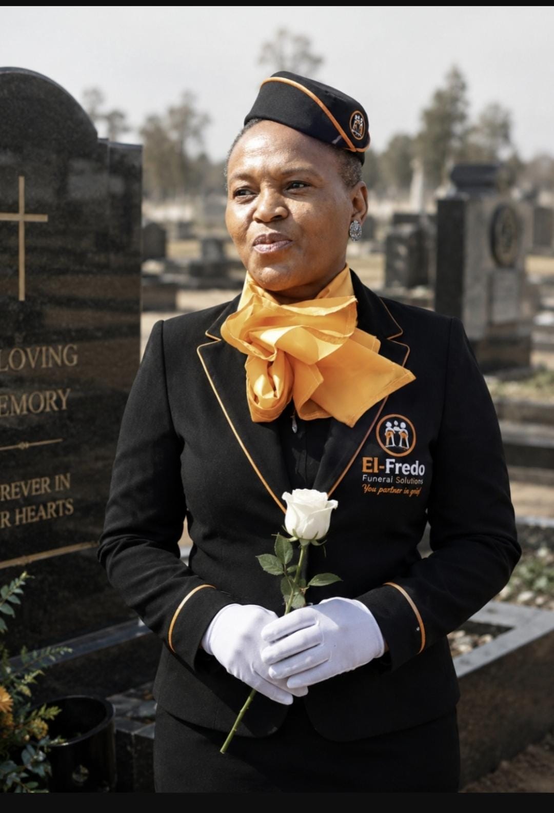 El-Fredo funeral attendant in uniform holding a white rose at a graveside