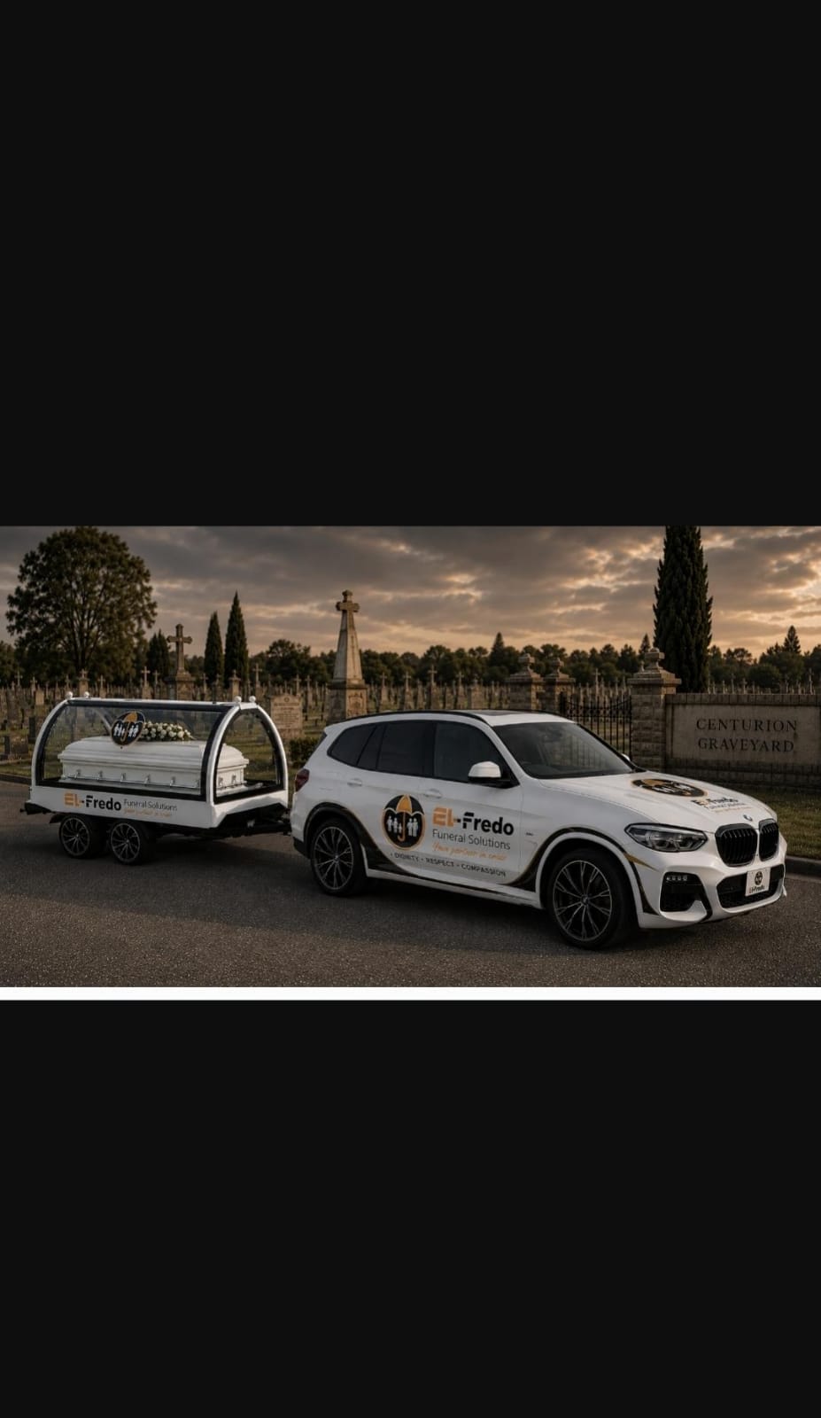 El-Fredo branded BMW lead car with matching glass casket trailer at Centurion Graveyard