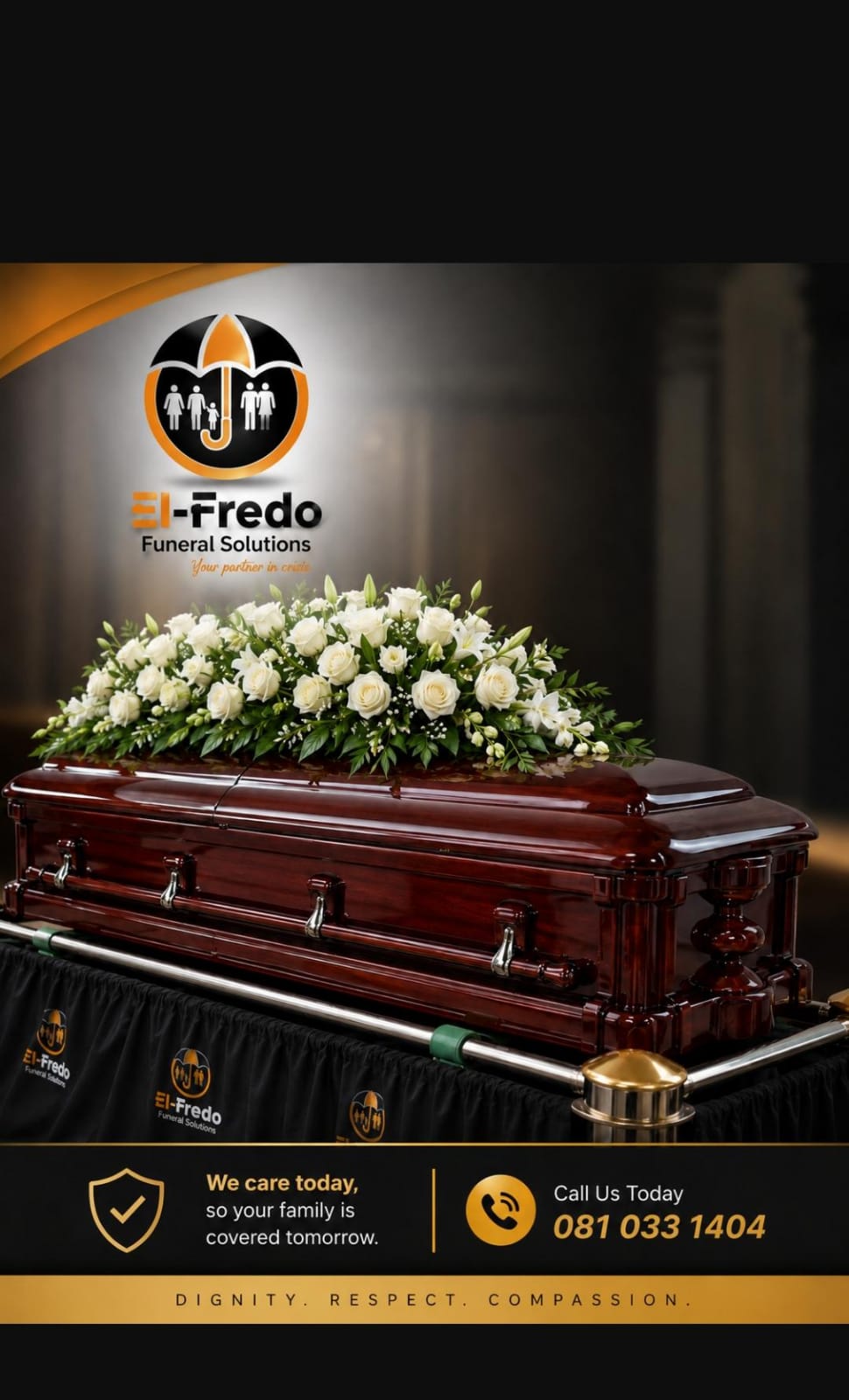 Polished mahogany casket adorned with white roses and lilies at an El-Fredo service
