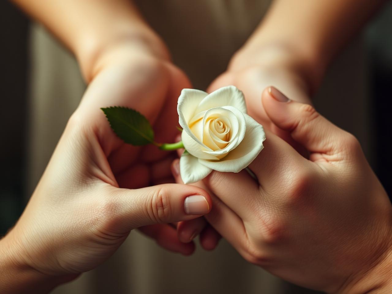 Hands holding a white rose, a symbol of care